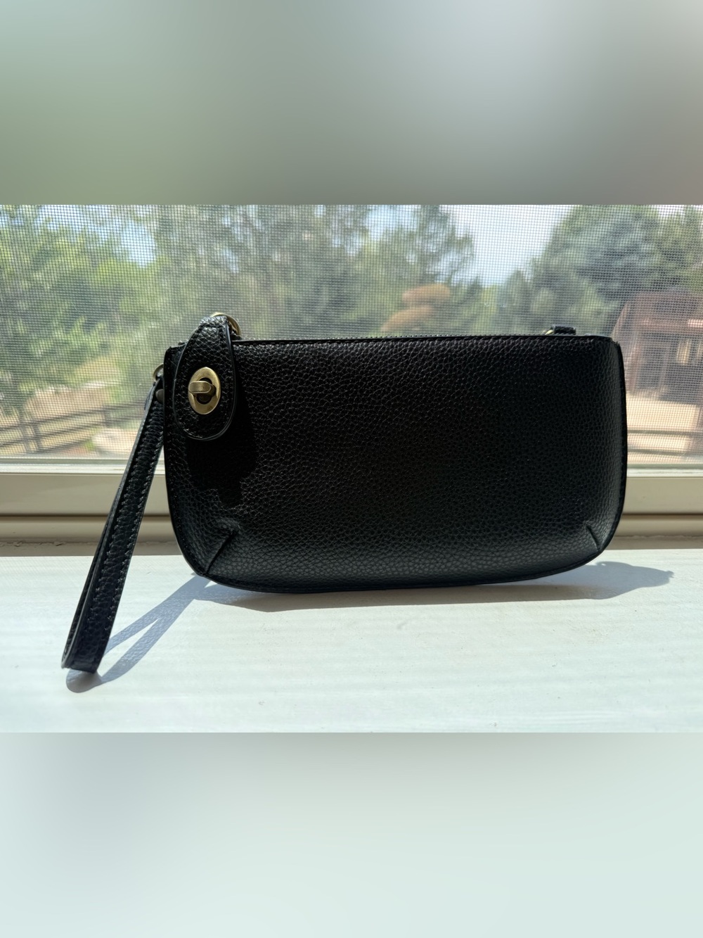Black Pebbled Vegan Leather Joy Susan wristlet/crossbody with Turnlock Hardware